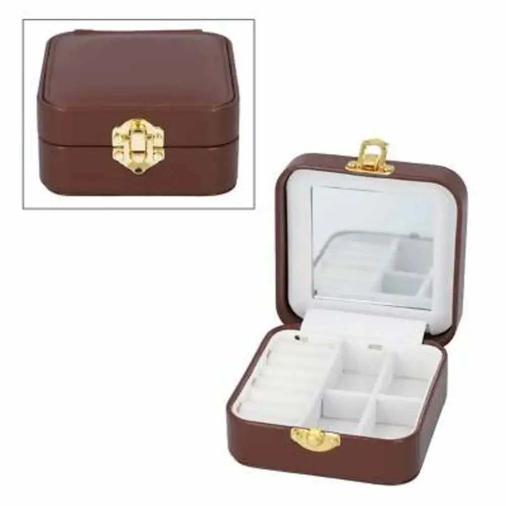 Brown Faux Leather LED Light Travel Jewelry Box with Latch Clasp & Mirror